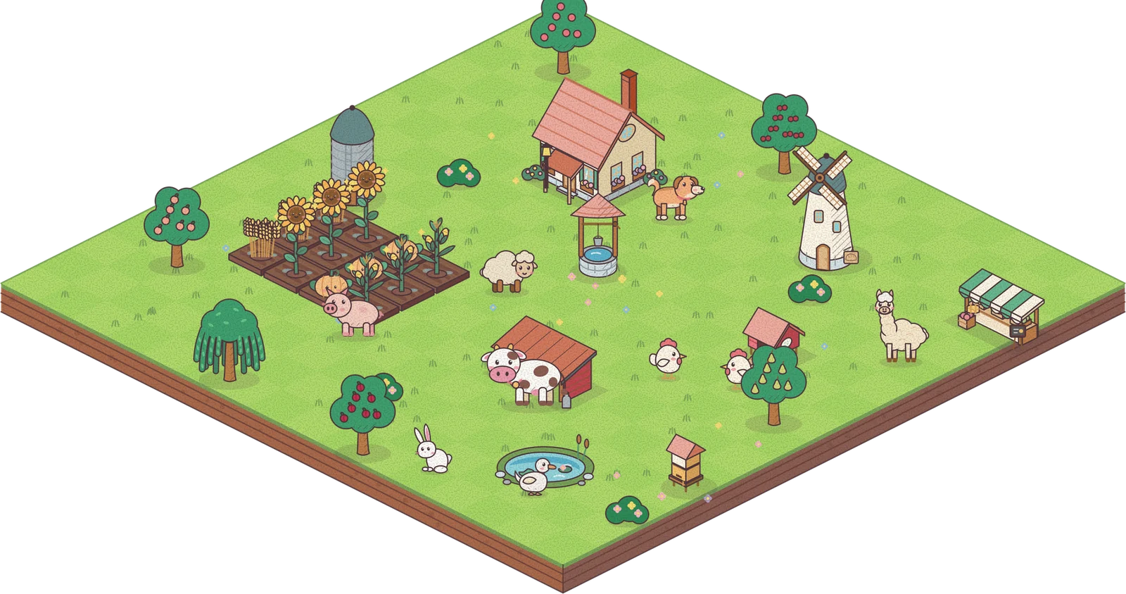 A small isometric farm with a cottage, windmill, crops, a cow, sheep, chickens and an alpaca